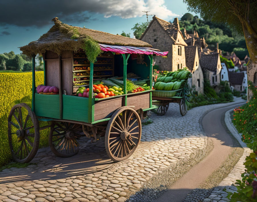 Vibrant fruit cart in quaint village with traditional houses