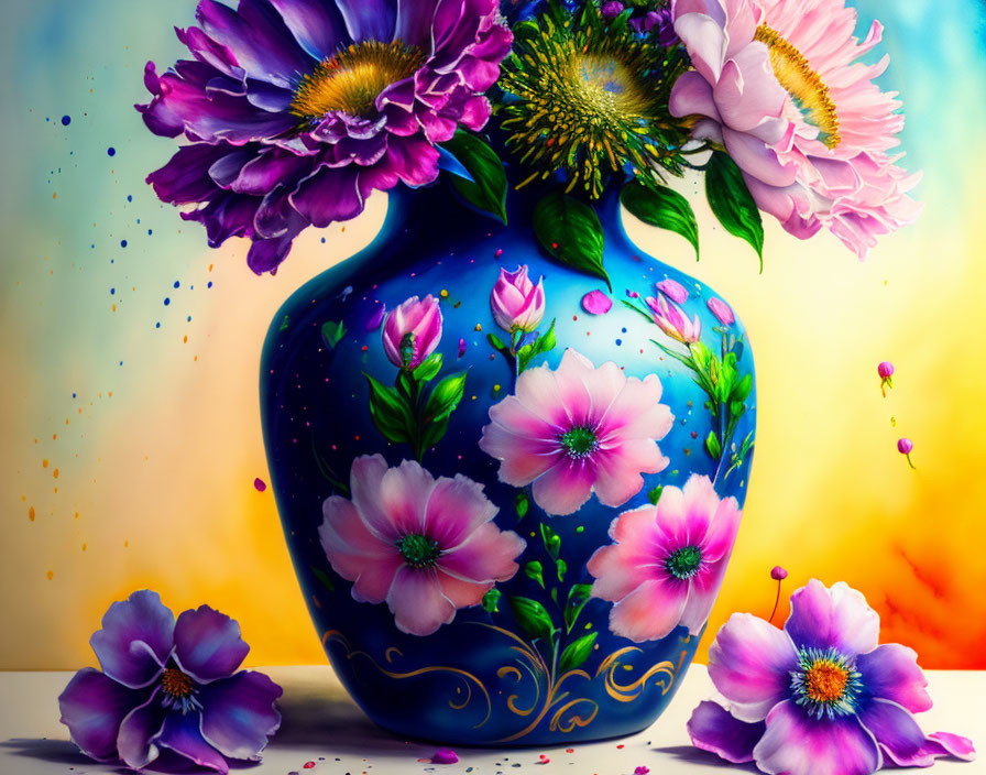 Detailed Floral Patterns on Blue Vase with Colorful Flowers on Warm Backdrop