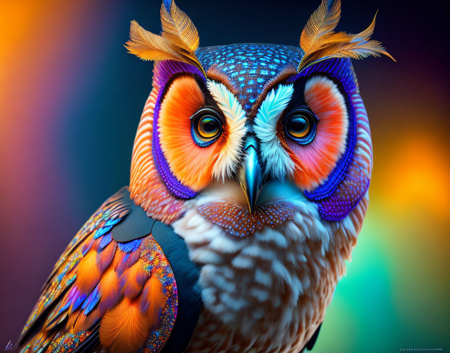 Colorful Owl Digital Artwork with Intricate Feathers and Expressive Eyes