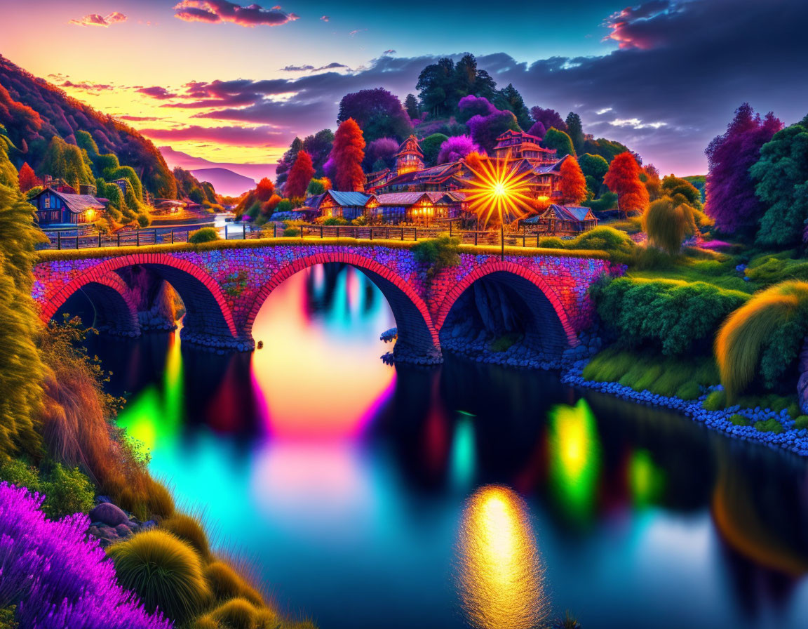 Twilight scene with stone bridge, calm river, colorful reflections, purple flowers, and starburst ferr