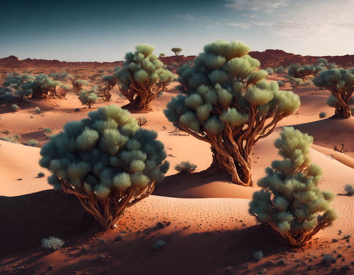 Surreal desert landscape with whimsical trees and rolling sand dunes