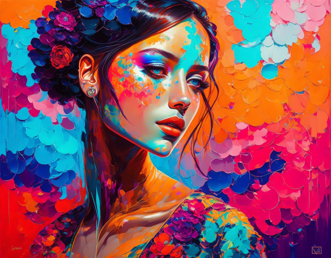 Colorful portrait of a woman with floral paint strokes on textured backdrop