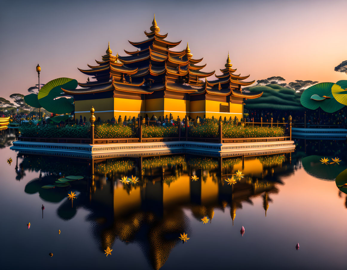 Traditional multi-tiered temple reflected in still water at dusk