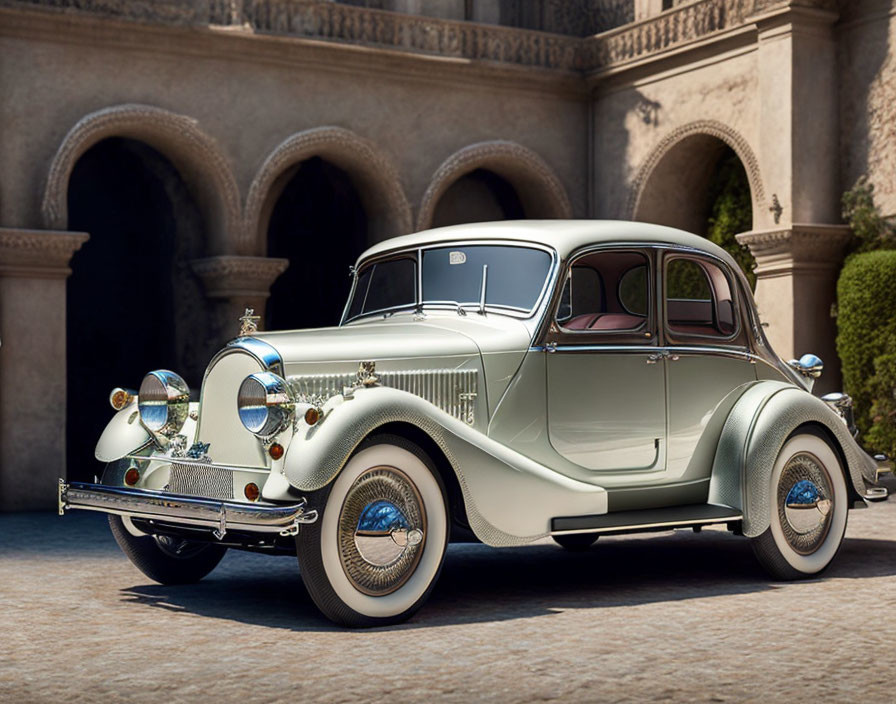 Cream Vintage Luxury Car with Art Deco Style and Spoked Wheels in Courtyard