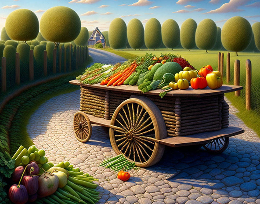 Colorful Digital Artwork: Wooden Cart with Fresh Vegetables on Cobblestone Path