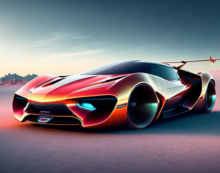 Futuristic red sports car with glowing blue headlights in desert landscape