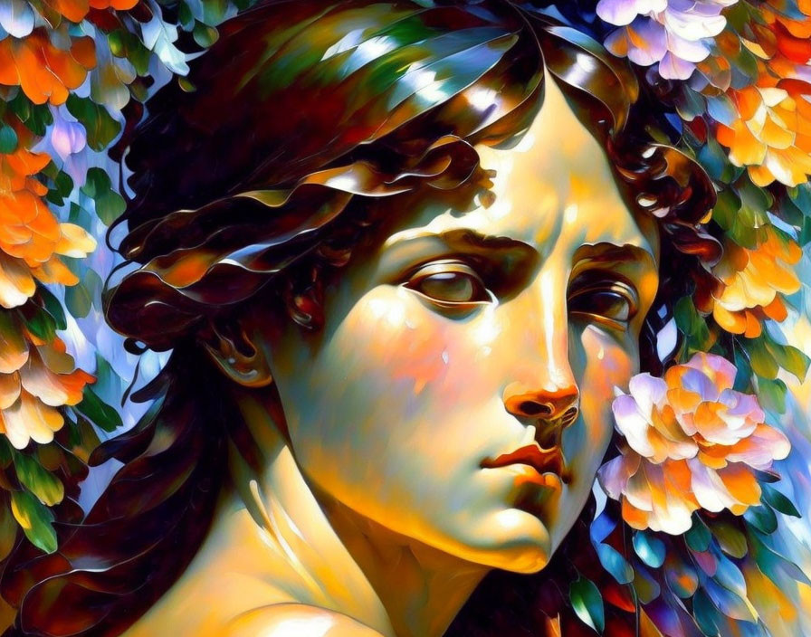 Colorful portrait of person with wavy hair and flowers in the background