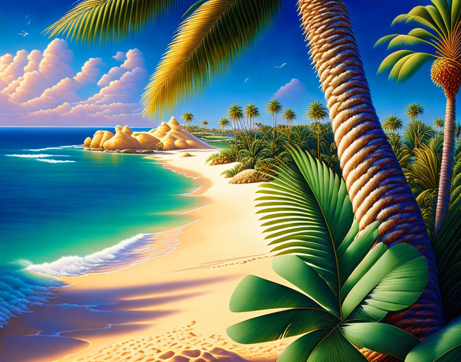 Tropical Beach Scene with Palm Trees and Sunset Sky