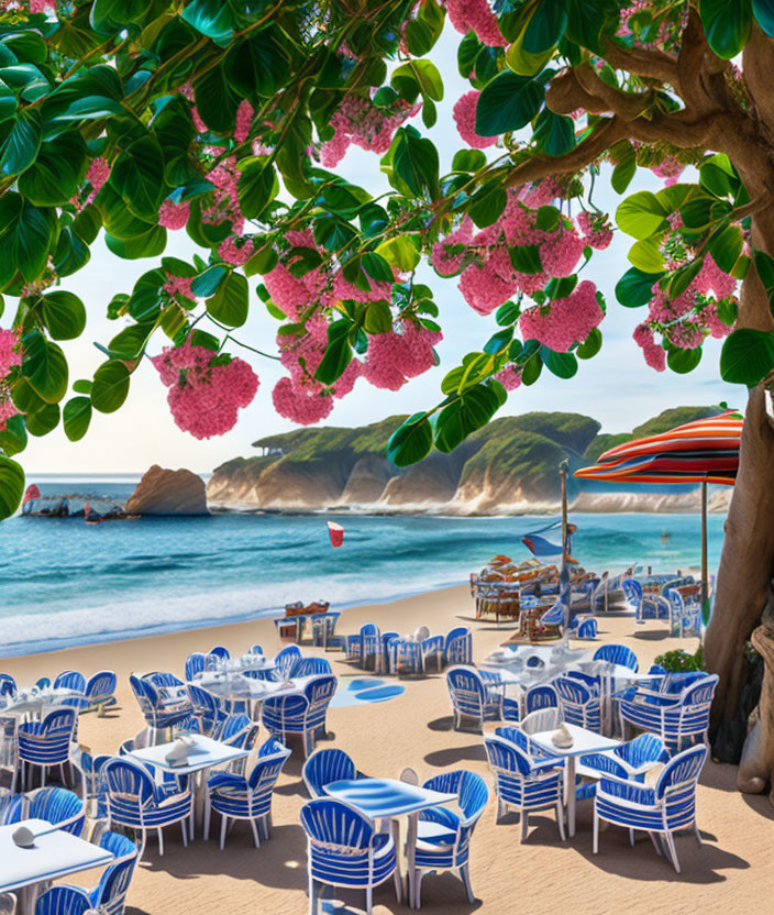 Scenic beachside café with blue and white chairs under pink blossomed tree overlooking sandy beach and turquoise