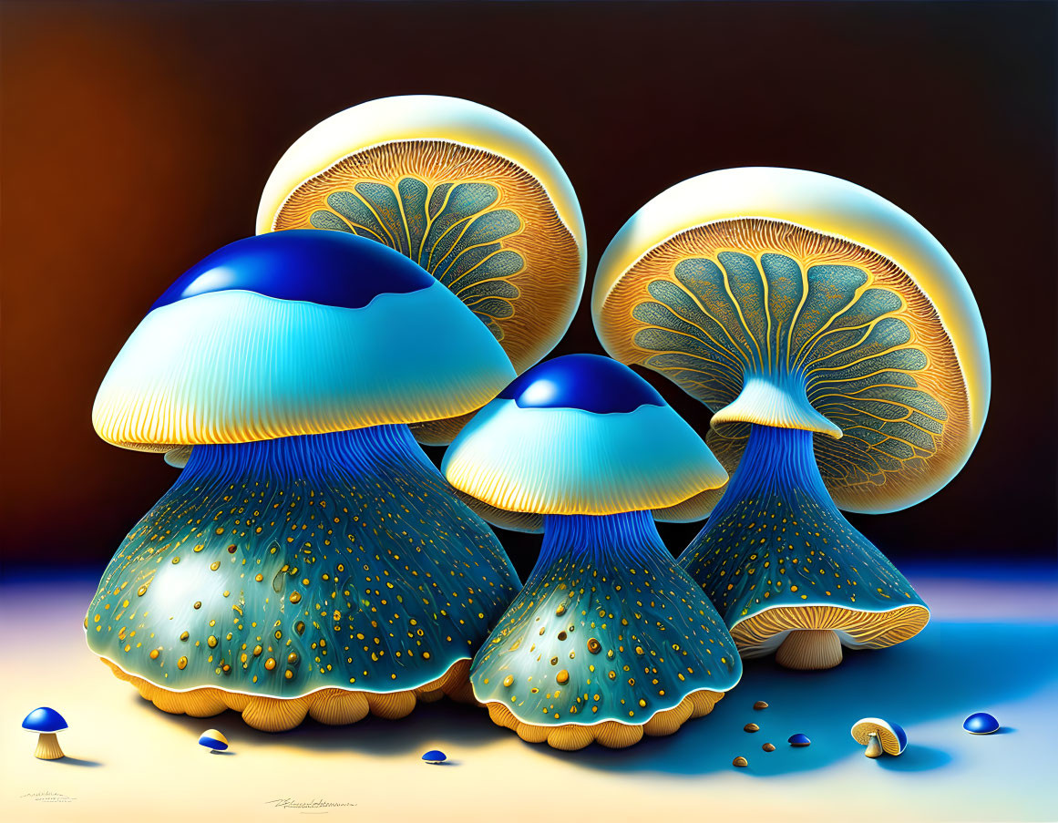 Luminous mushrooms with blue caps and golden speckles on warm gradient background