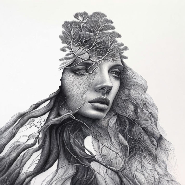 Monochromatic illustration of woman with tree-like hair symbolizing connection with nature