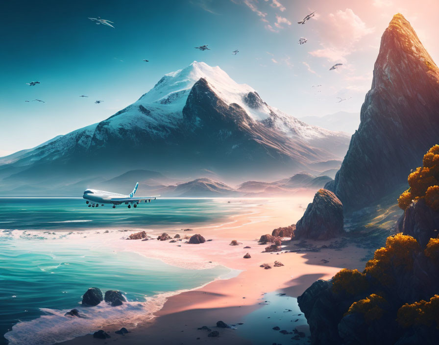 Scenic tropical beach with airplane, birds, and mountain