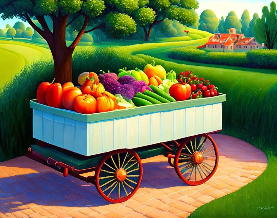 Vibrant painting of a vegetable cart on a green hill path