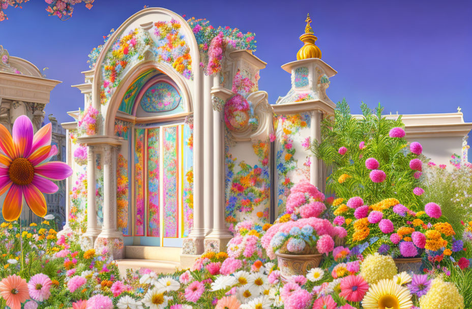 Fantasy garden with ornate archway and colorful blooms