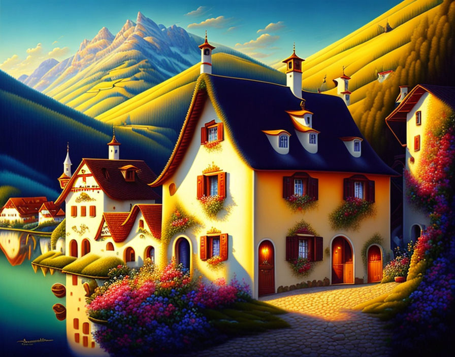 Colorful illustration of picturesque village by river & mountains