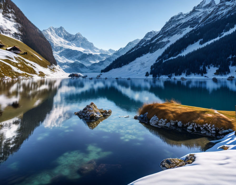 Snow-Covered Mountains Reflected in Alpine Lake