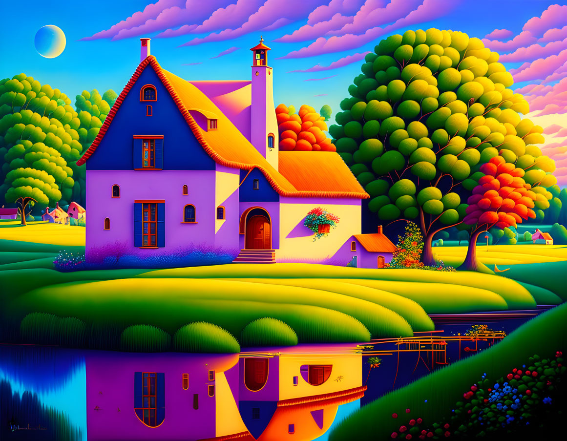 Colorful landscape with house, lighthouse, hills, trees, river, and crescent moon