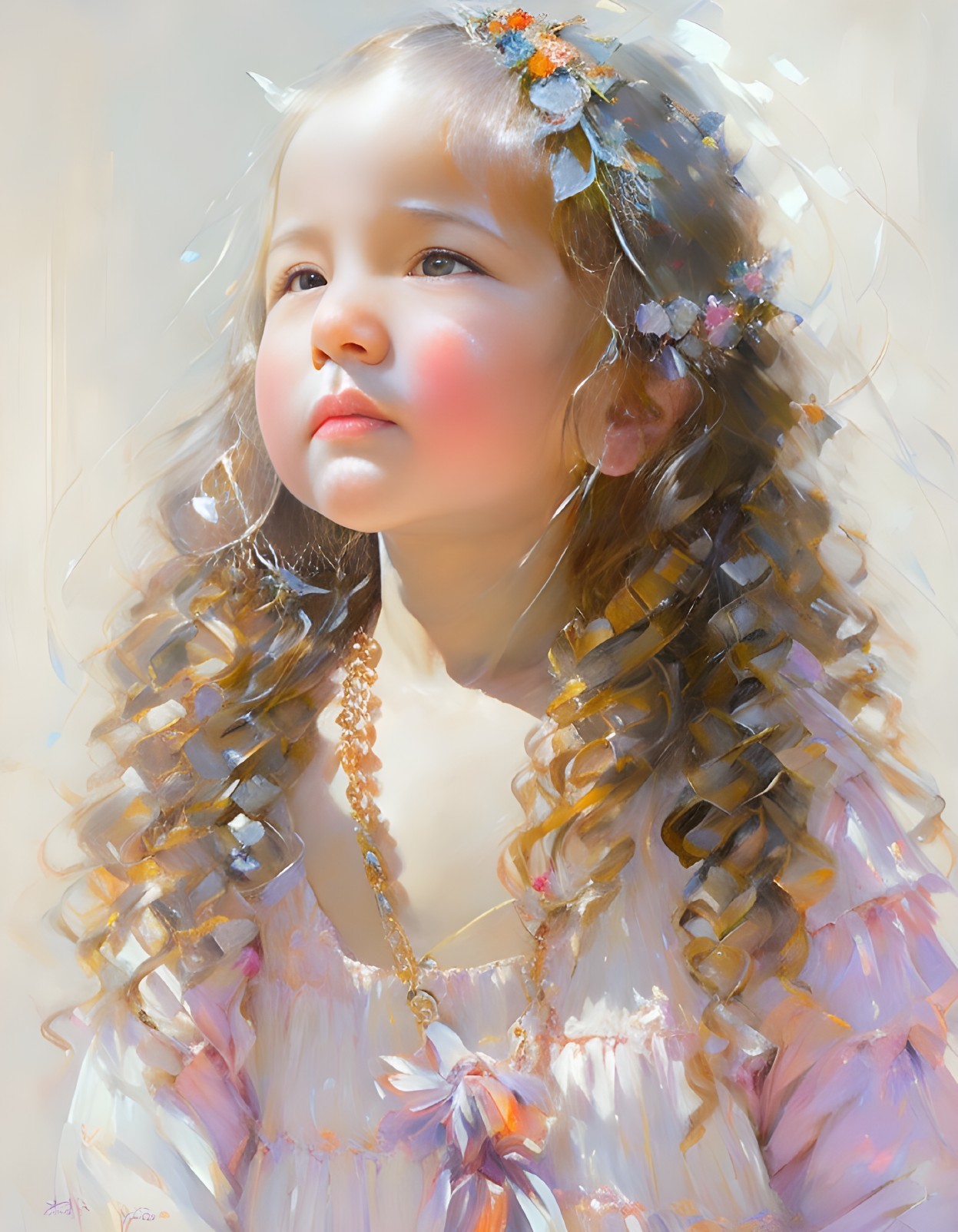 Curly Haired Girl with Flower Adornments and Pearl Necklace