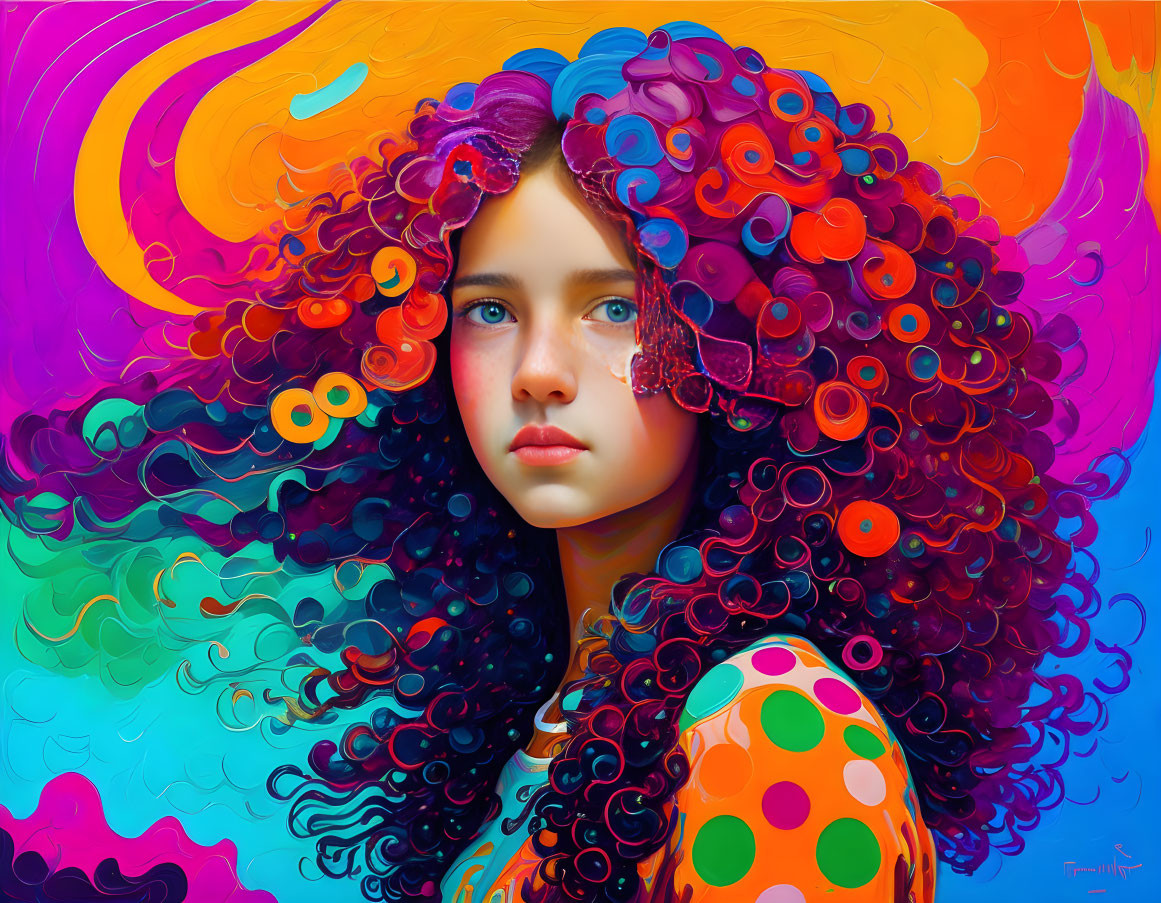 Colorful digital art portrait of a girl with flowing curly hair and abstract patterns