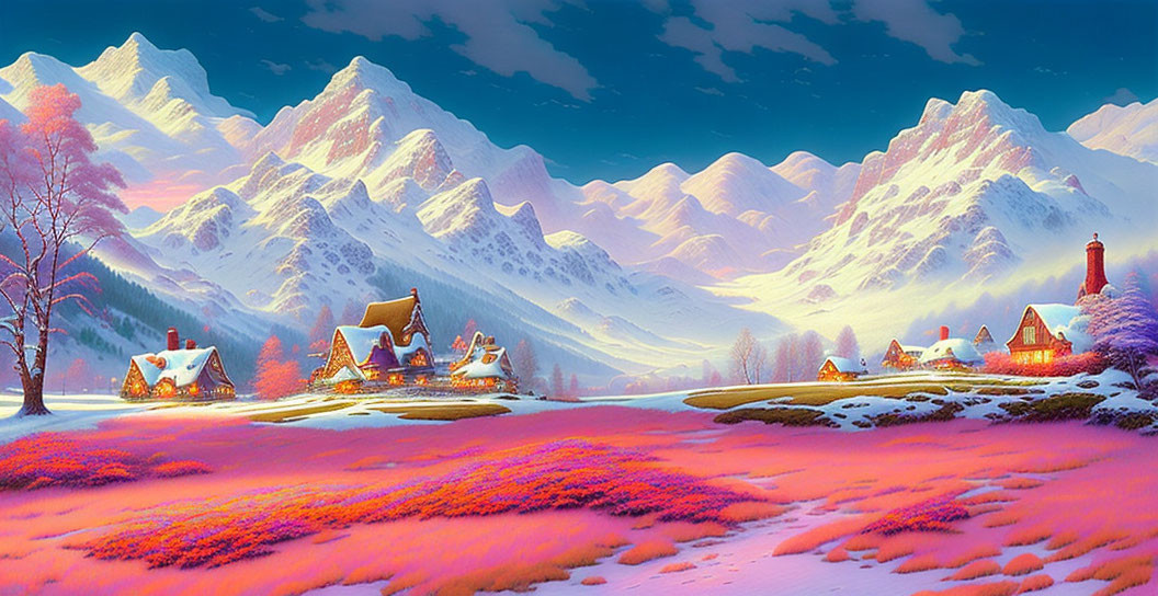 Snow-covered village in pink-hued meadows under glowing sunrise.