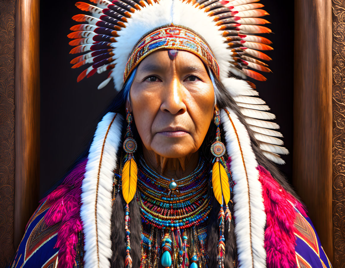 Traditional Native American headdress with feathers and beadwork on a person.