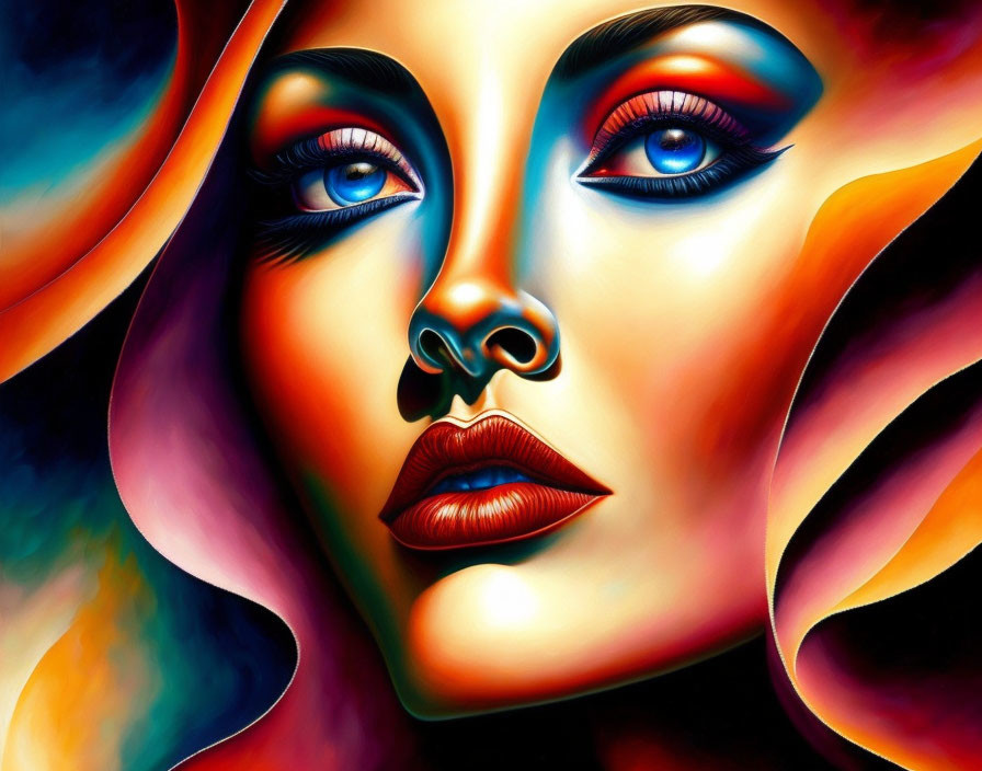 Vibrant portrait of a woman with blue eyes and abstract makeup