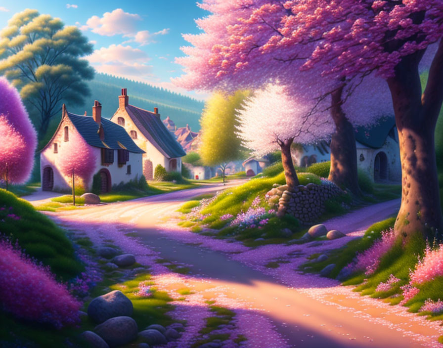 Charming village scene with pink trees and purple flowers