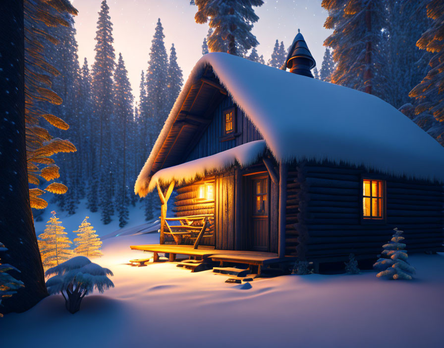 Snow-covered wooden cabin glowing in twilight forest