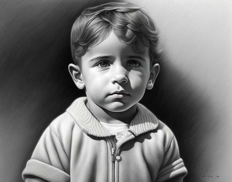 Monochrome portrait of a contemplative young boy in zippered jacket