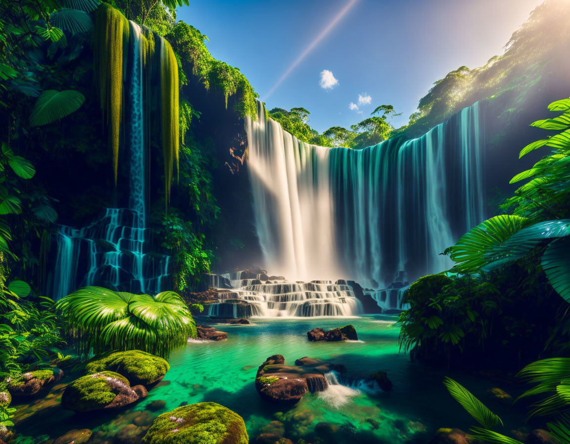 Majestic waterfall in lush greenery and turquoise pool