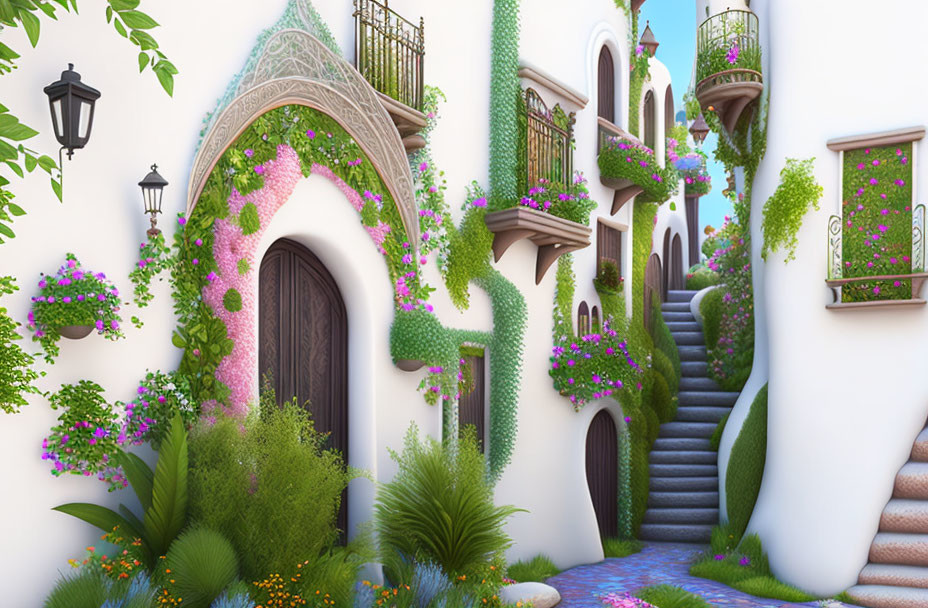 Scenic street with white buildings, green plants, flowers, arches, and staircases