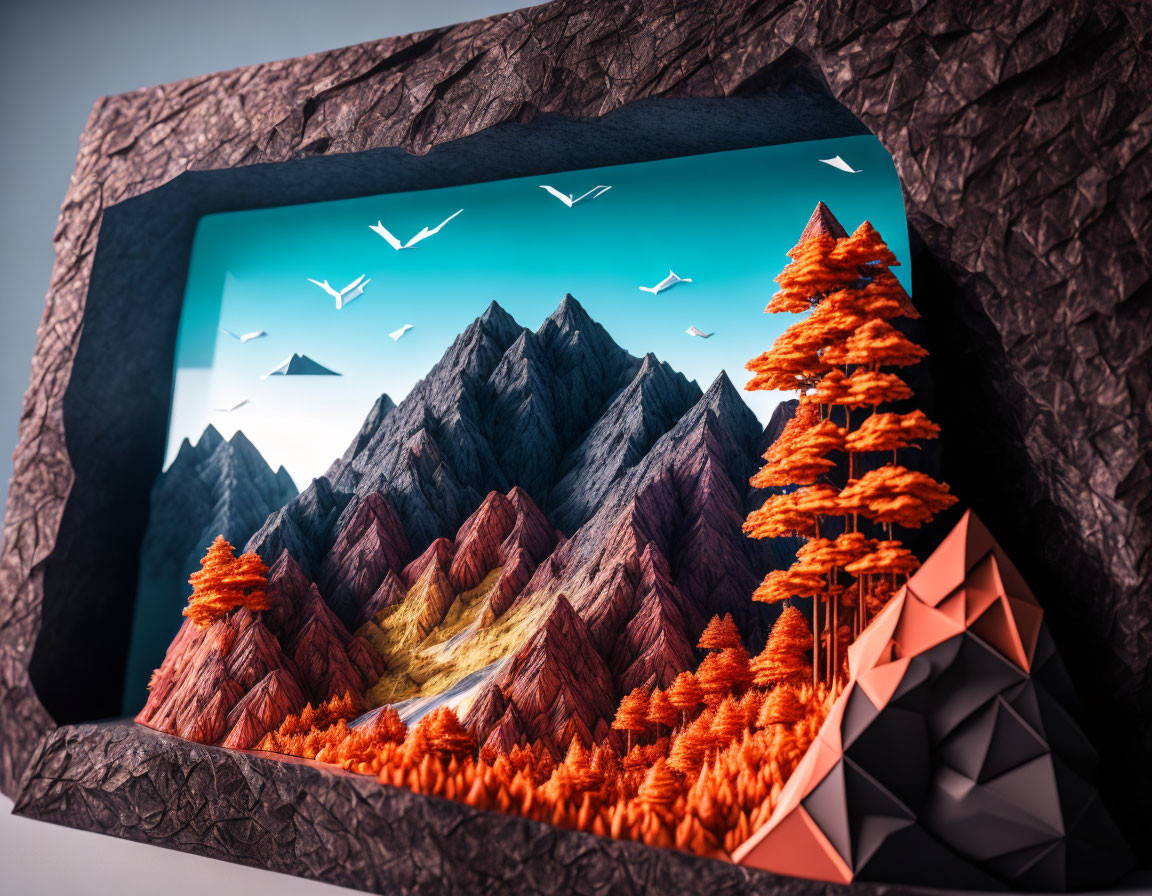 Vibrant 3D Landscape: Orange Trees, Multicolored Mountains, Abstract Sky