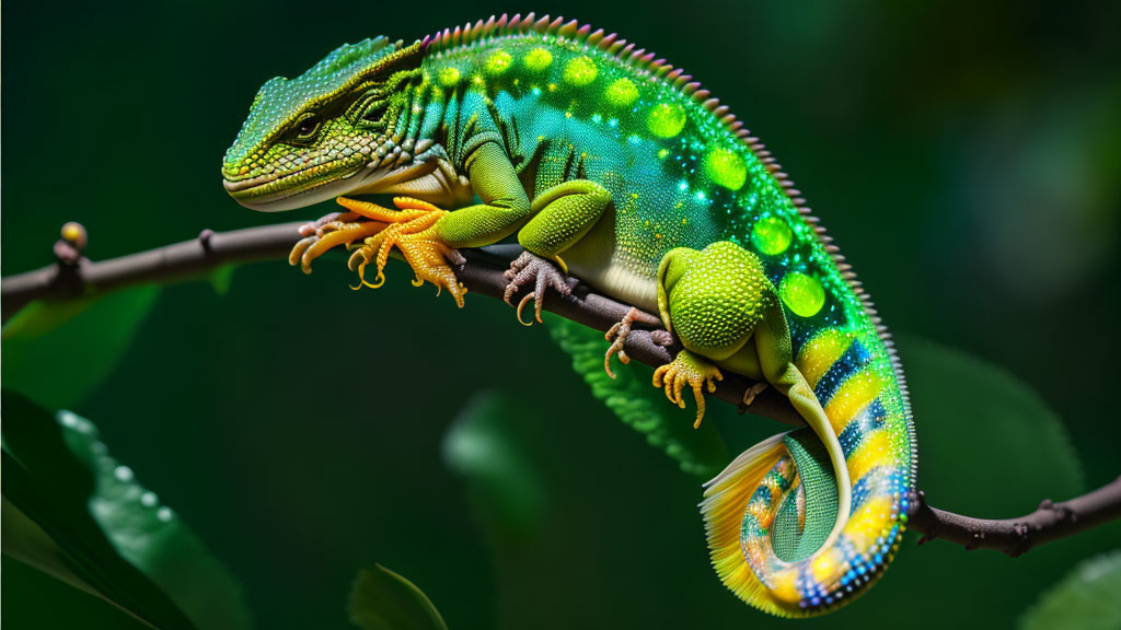 Colorful Chameleon on Branch in Lush Foliage