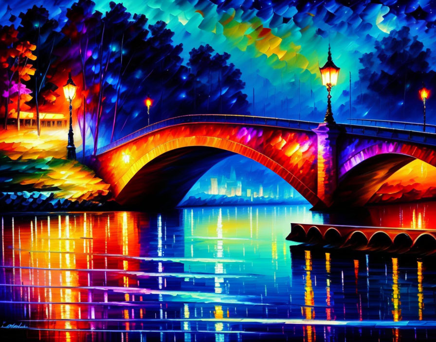 Colorful Night Painting: Bridge Over Water with Boat and Street Lamps