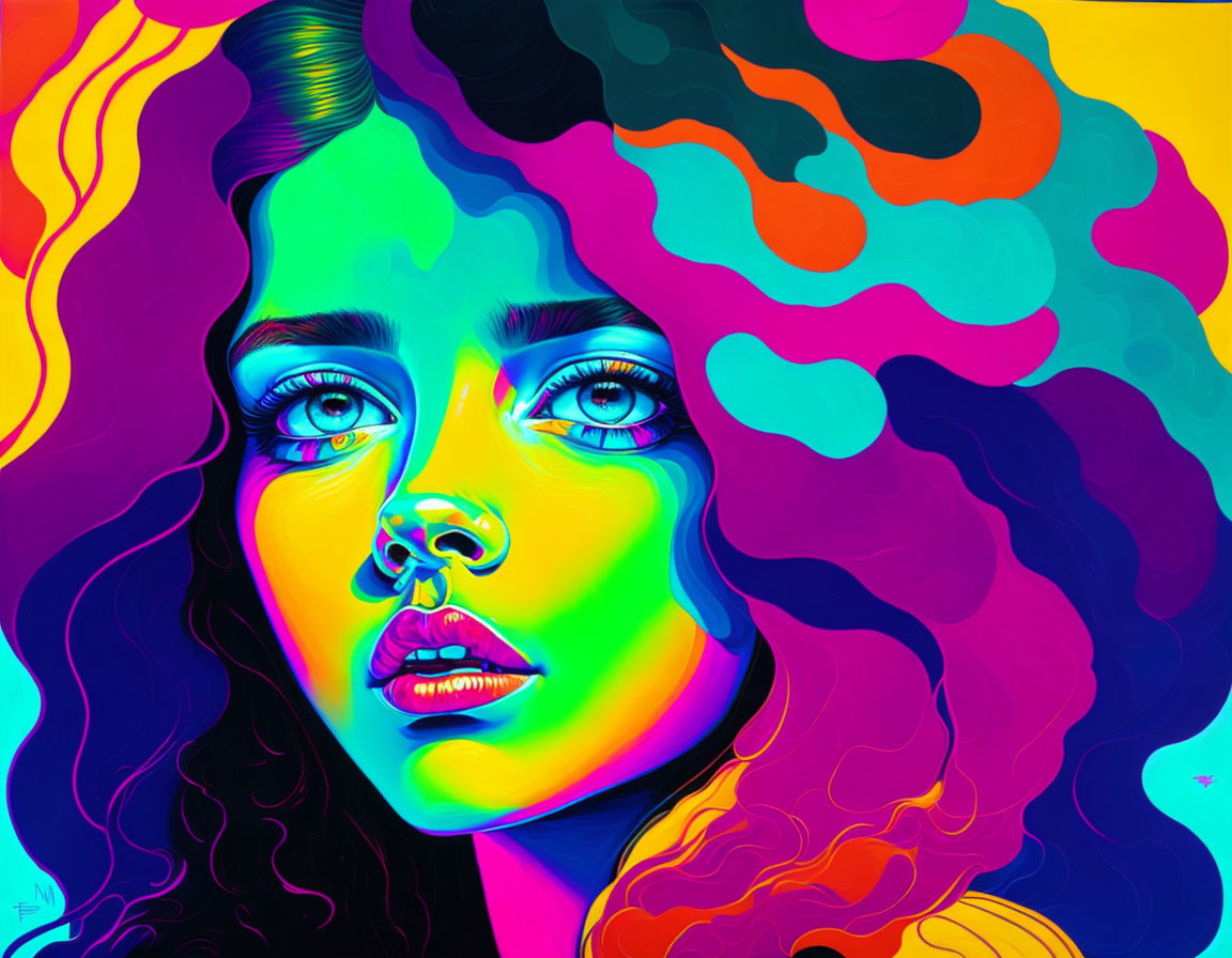 Colorful digital portrait of a woman with flowing neon hair in psychedelic style