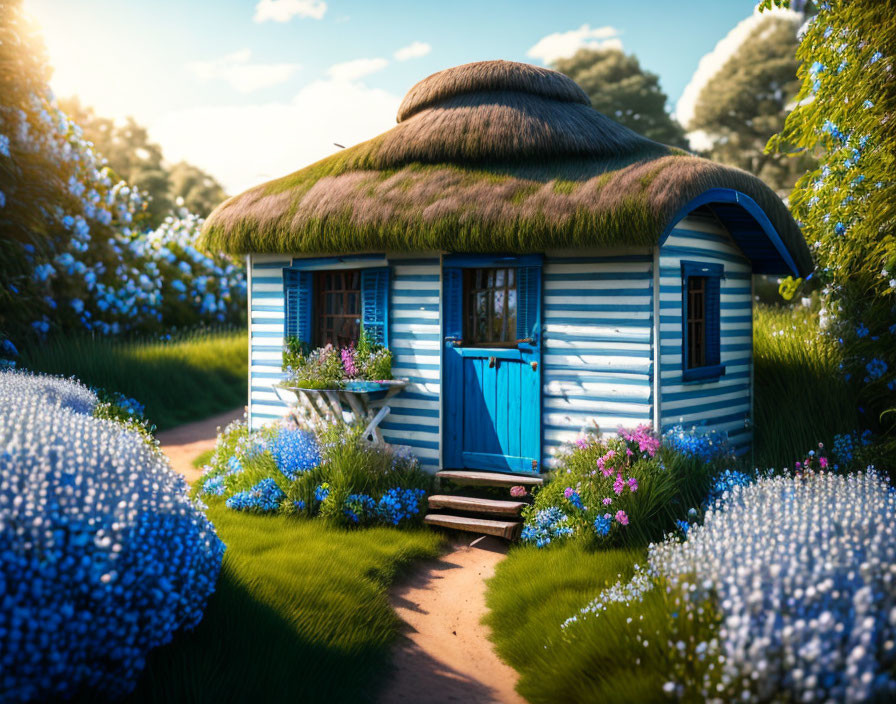 Blue-striped thatched cottage in lush garden with vibrant flowers under sunlight