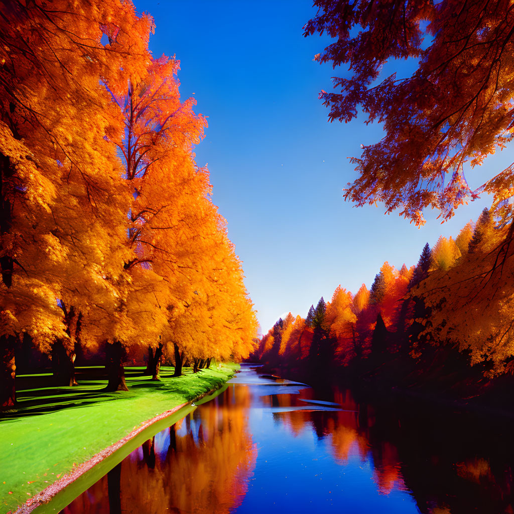 Scenic autumn landscape: golden leaves, serene river, blue sky