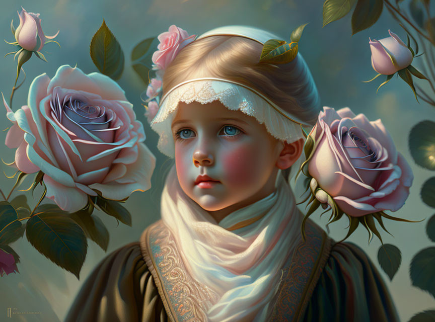 Young child with blue eyes surrounded by pink roses and wearing lace headband in painting