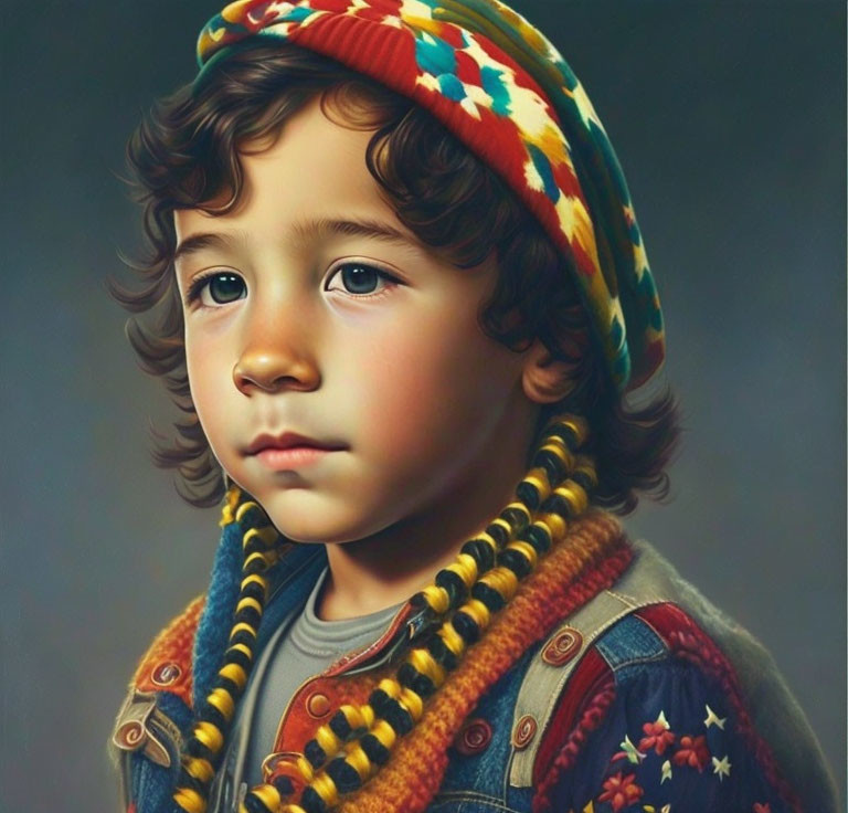 Young Child with Wavy Hair in Colorful Knitted Hat and Denim Jacket