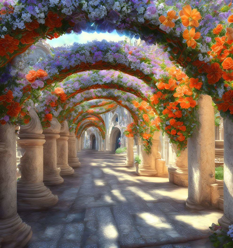 Sunlit garden walkway adorned with vibrant flowers and stone arches