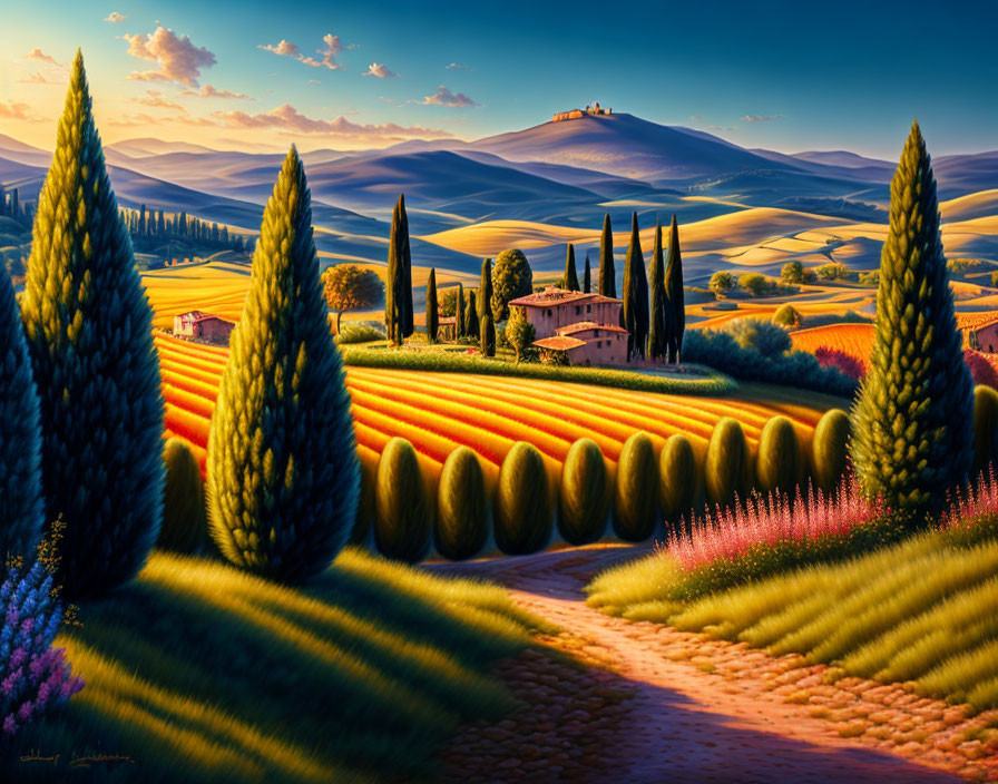 Scenic landscape with rolling hills, farmhouse, and crops under golden sunset