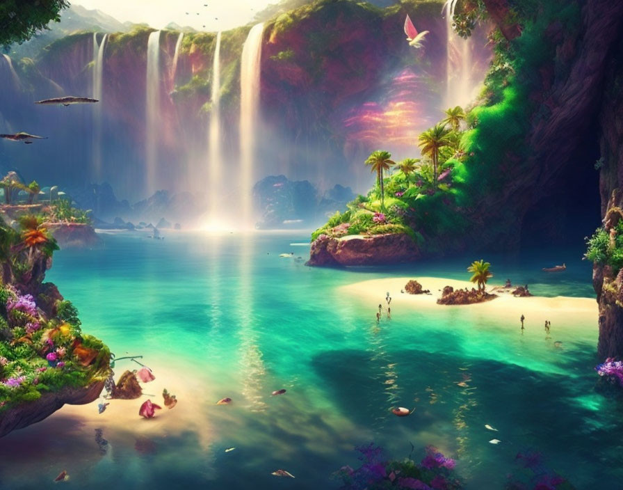 Fantasy landscape with waterfalls, lagoon, and beach scene