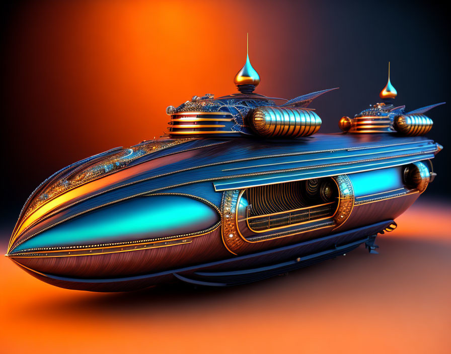 Futuristic ornate spaceship with blue and bronze hues on orange gradient background