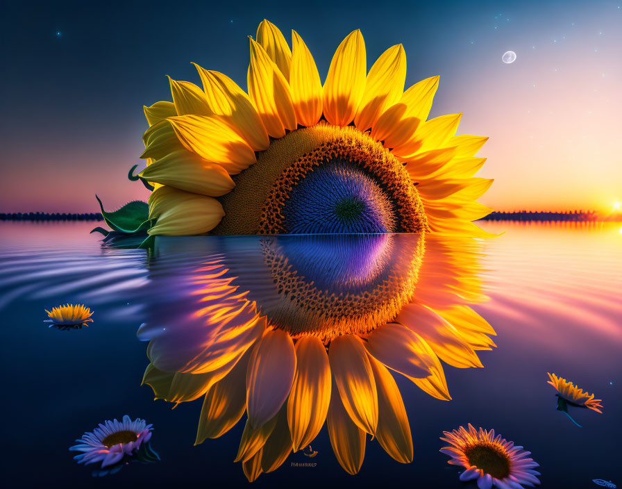 Sunflower with mirrored reflection in water under twilight sky.