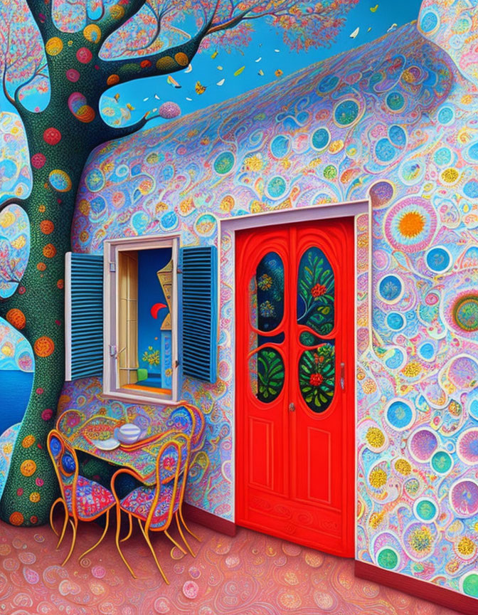 Vibrant red door, whimsical tree, patterned walls in psychedelic artwork