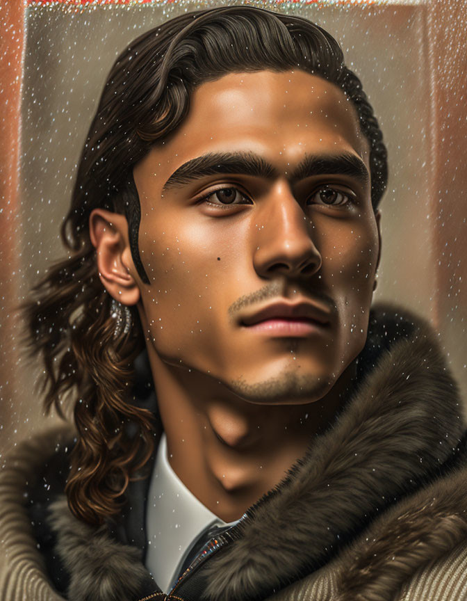 Young man with long curly hair and fur collar coat in serene snowfall