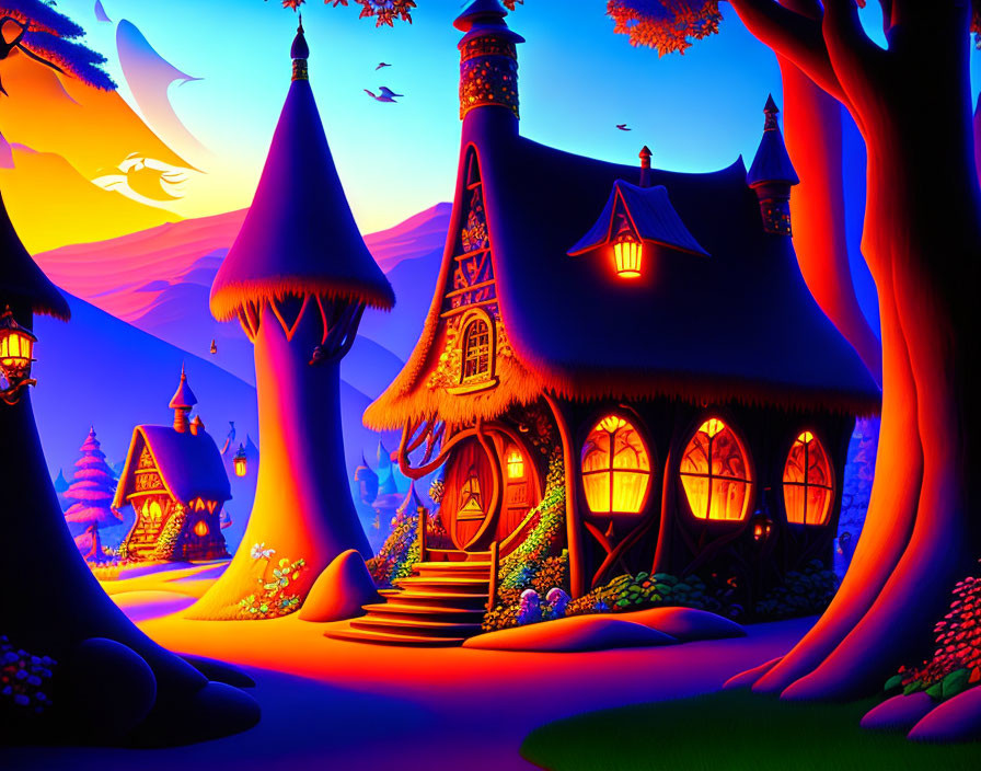 Fantasy-themed illustration of whimsical houses in lush flora under twilight sky.