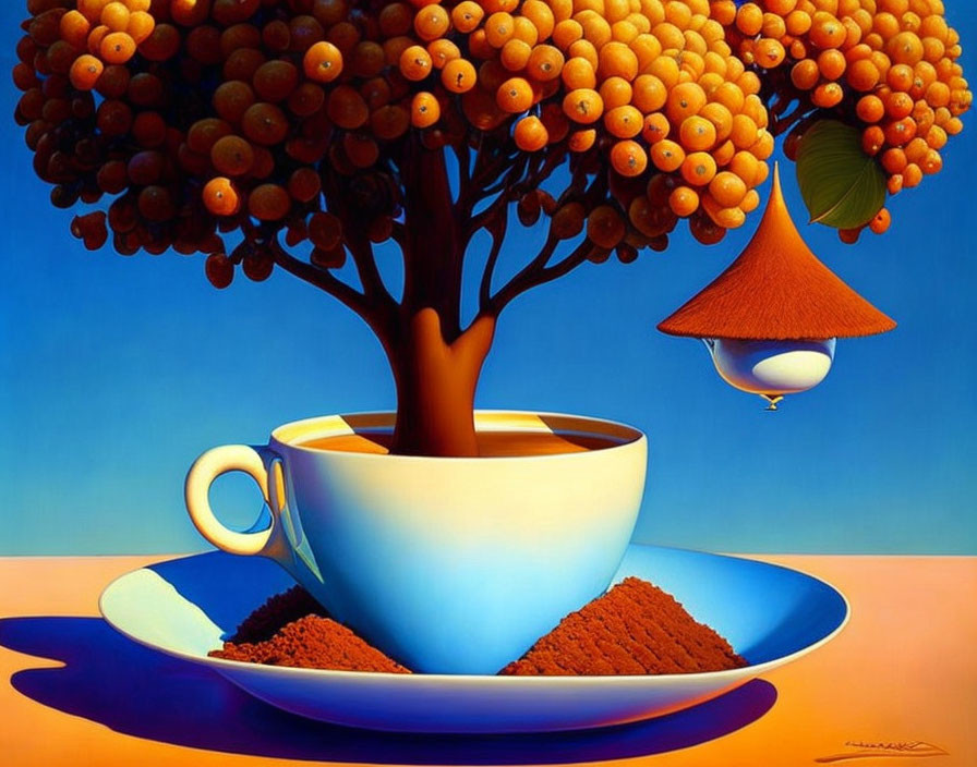 Surreal artwork: large coffee cup with tree, coffee berry fruit, stylized orange sky