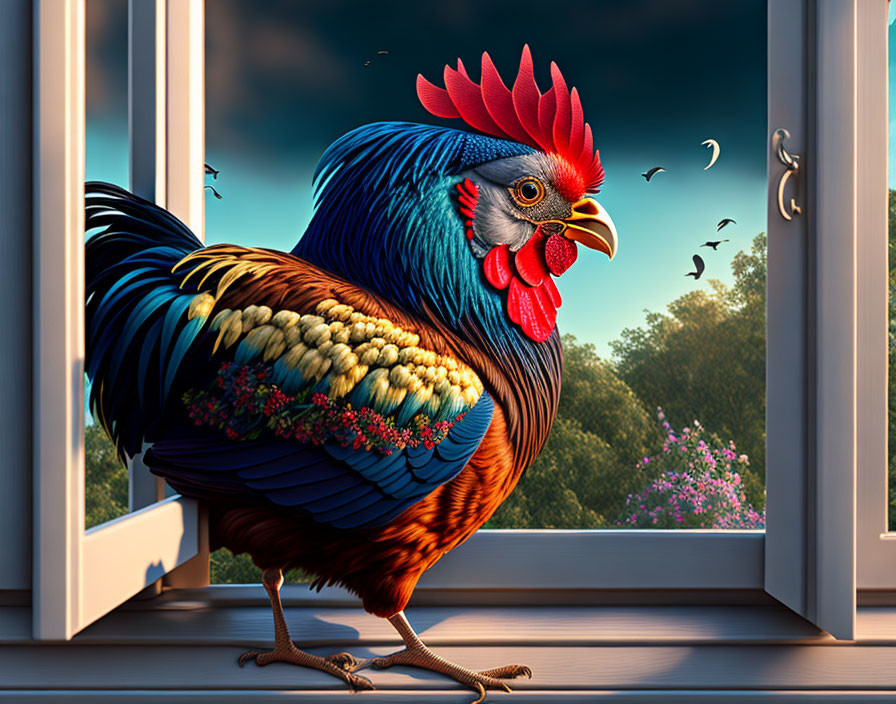 Colorful rooster on windowsill with scenic view of blue skies and greenery