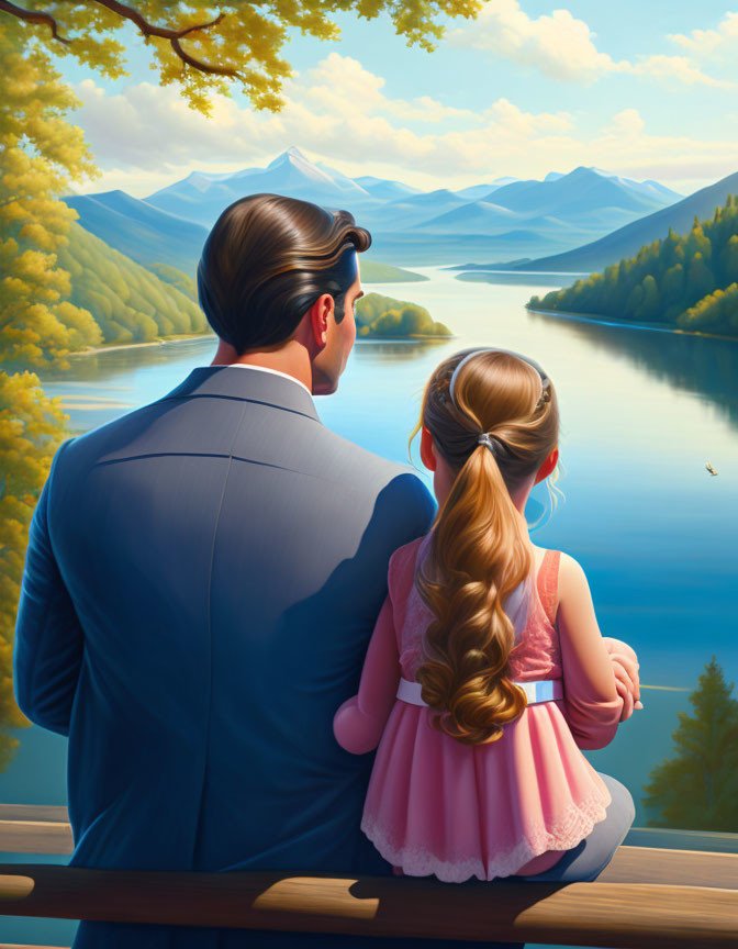 Illustration of man in suit and girl with braid by serene lake